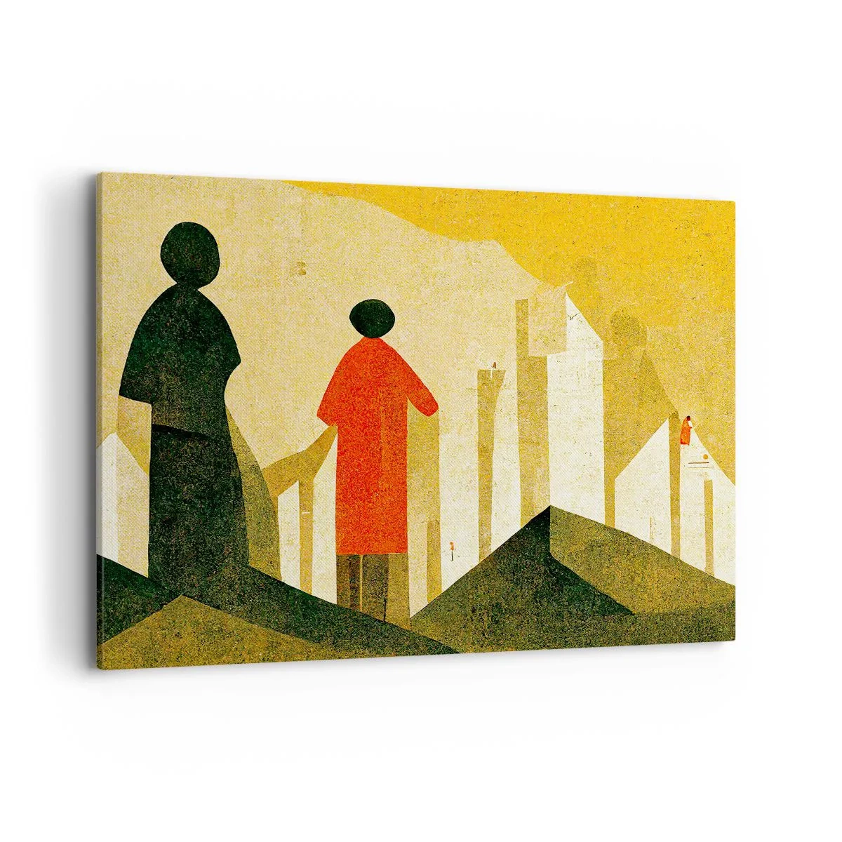 Impression sur toile - Image sur toile - Silhouettes géométriques en rouge et vert sur fond jaune - 120x80cm - La route est encore longue - Décoration murale moderne pour le salon et la chambre ARTTOR