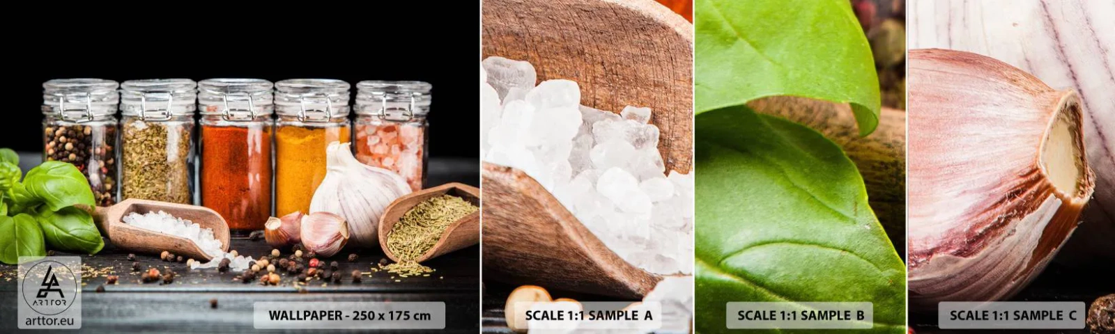 Échantillon De Papier Peint Standard Eco - Pour que la vie ait du goût - La gastronomie, Herbes séchées, Épices - 100x30 cm