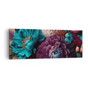 Impression sur toile - Image sur toile - Un bouquet de fleurs aux couleurs intenses sur fond sombre - 140x50cm - La nature en abondance - Décoration murale moderne pour le salon et la chambre ARTTOR