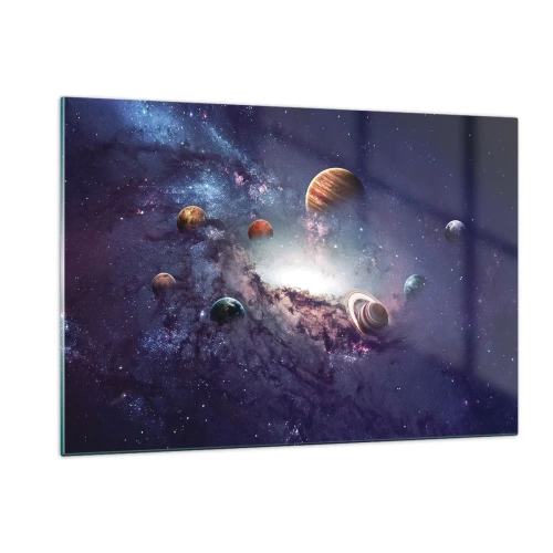 Impression sur verre - Image sur verre - Une vision fantaisiste de planètes tournant dans l'espace - 120x80cm - Système de danse solaire - Décoration murale moderne pour le salon et la chambre ARTTOR