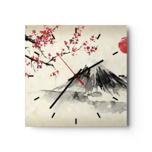Horloge murale - Pendule murale - Un paysage pittoresque avec une montagne, des cerisiers en fleurs et du soleil - 30x30cm - Tomber amoureux du Japon - Décoration murale moderne pour le salon et la chambre ARTTOR