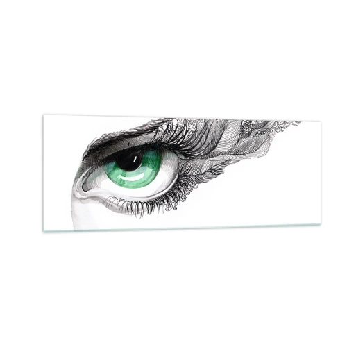 Impression sur verre - Image sur verre - Œil artistique avec iris vert et détails de dessin - 140x50cm - Belle et prête à l'attaque - Décoration murale moderne pour le salon et la chambre ARTTOR