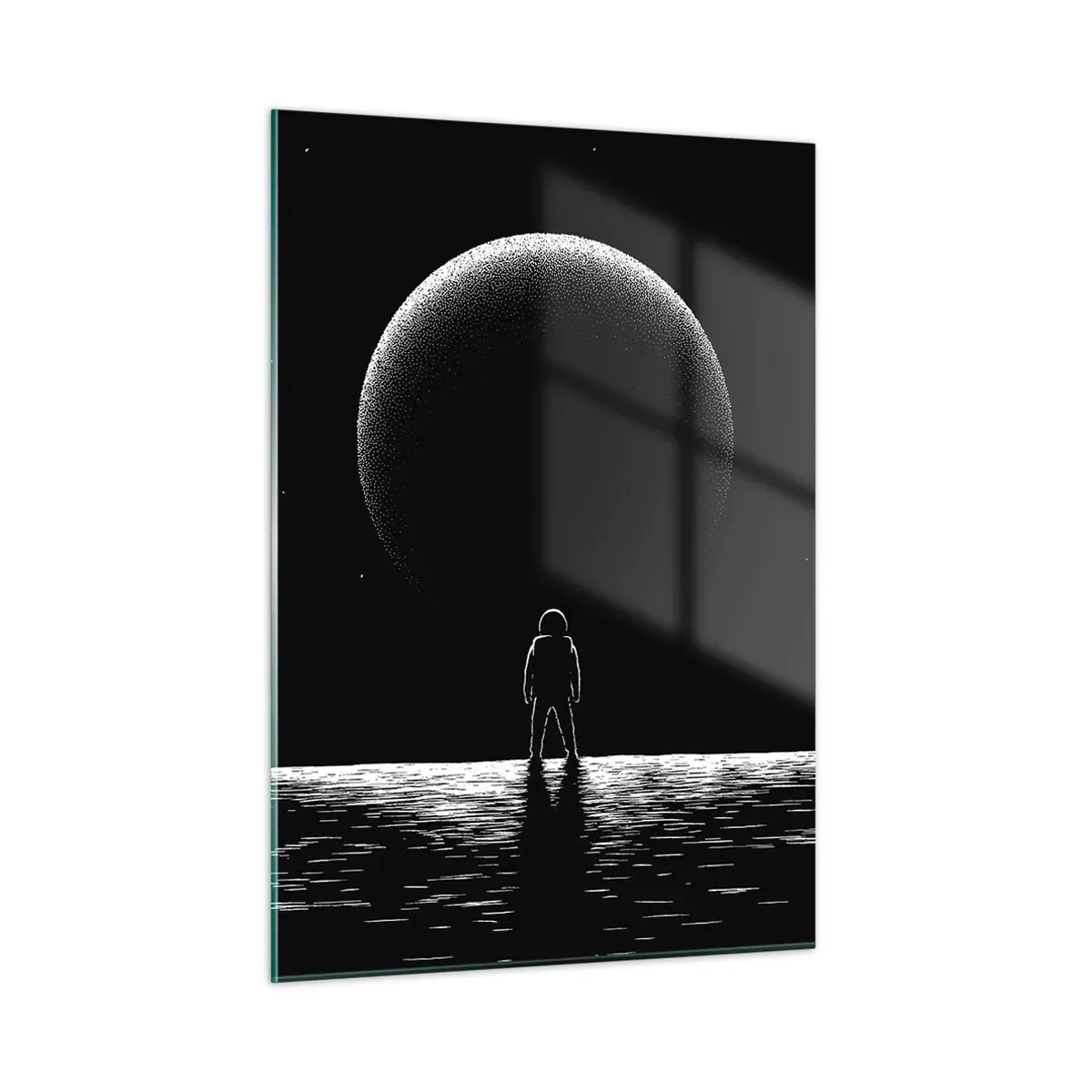 Impression sur verre - Image sur verre - Astronaute debout devant une planète en noir et blanc - 50x70cm - Face à face - Décoration murale moderne pour le salon et la chambre ARTTOR