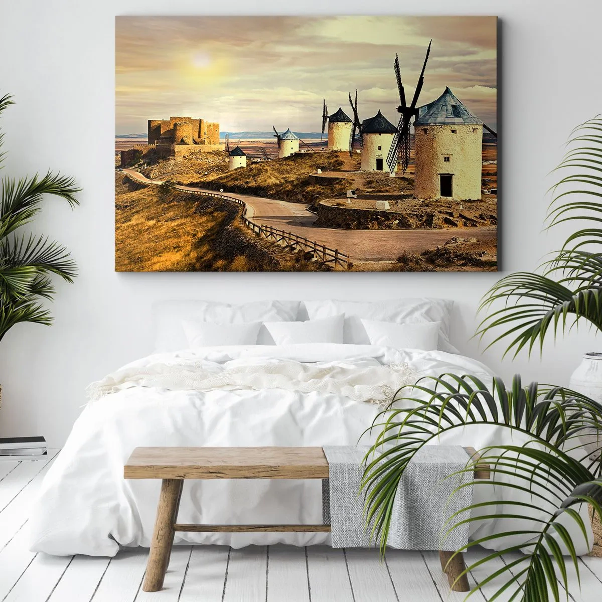 Impression sur toile - Image sur toile - Moulins à vent sur les collines avec un château historique en arrière-plan - 120x80cm - Don Quichotte est sur le point d'arriver - Décoration murale moderne pour le salon et la chambre ARTTOR