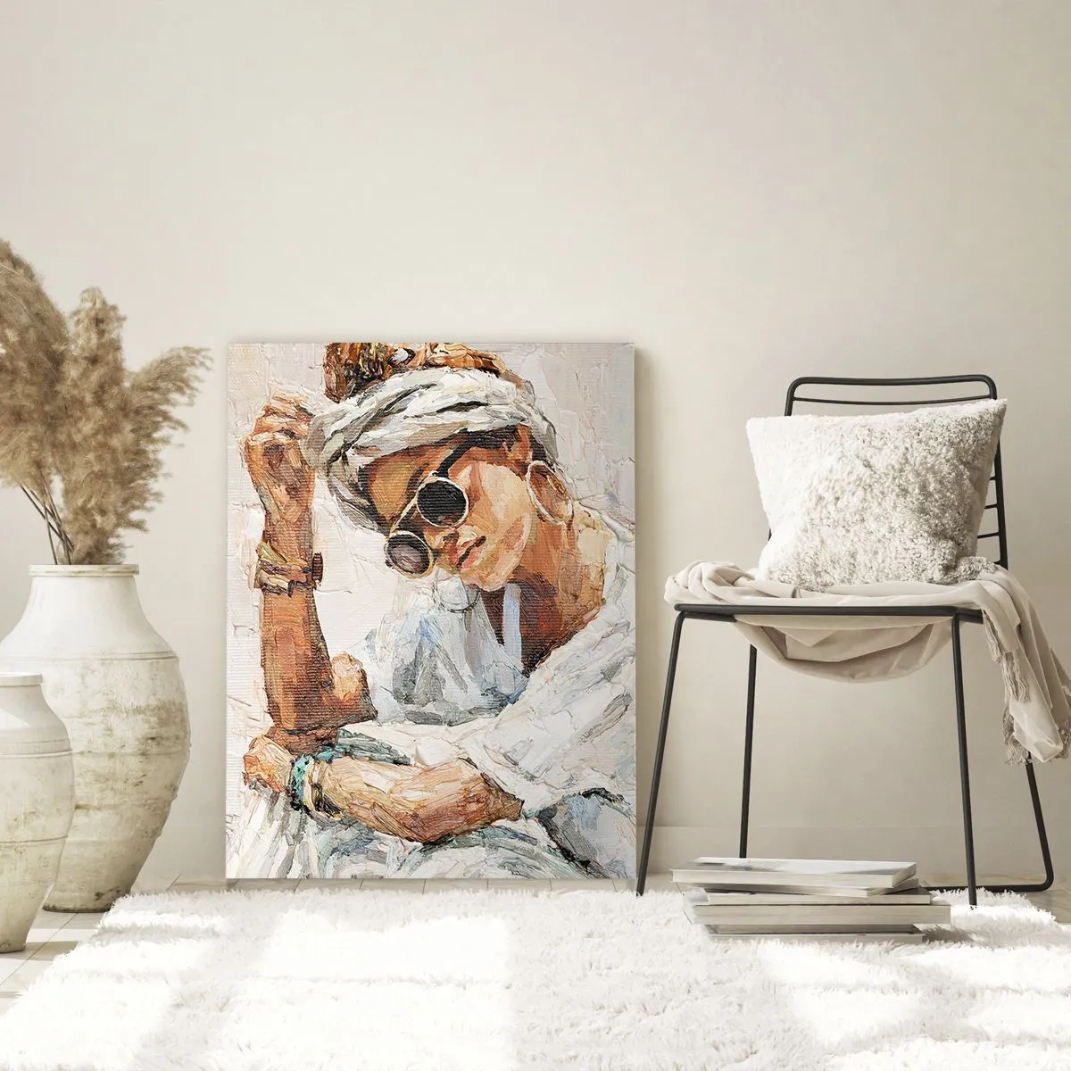 Impression sur verre - Image sur verre - Portrait d'une femme portant des lunettes et un turban peint au couteau à palette - 50x70cm - Portrait en plein soleil - Décoration murale moderne pour le salon et la chambre ARTTOR
