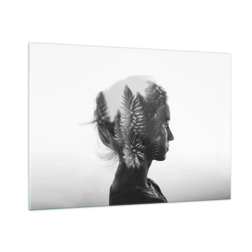 Impression sur verre - Image sur verre - Une femme en noir et blanc avec un motif de forêt de conifères superposé - 100x70cm - Dame de la pinède - Décoration murale moderne pour le salon et la chambre ARTTOR