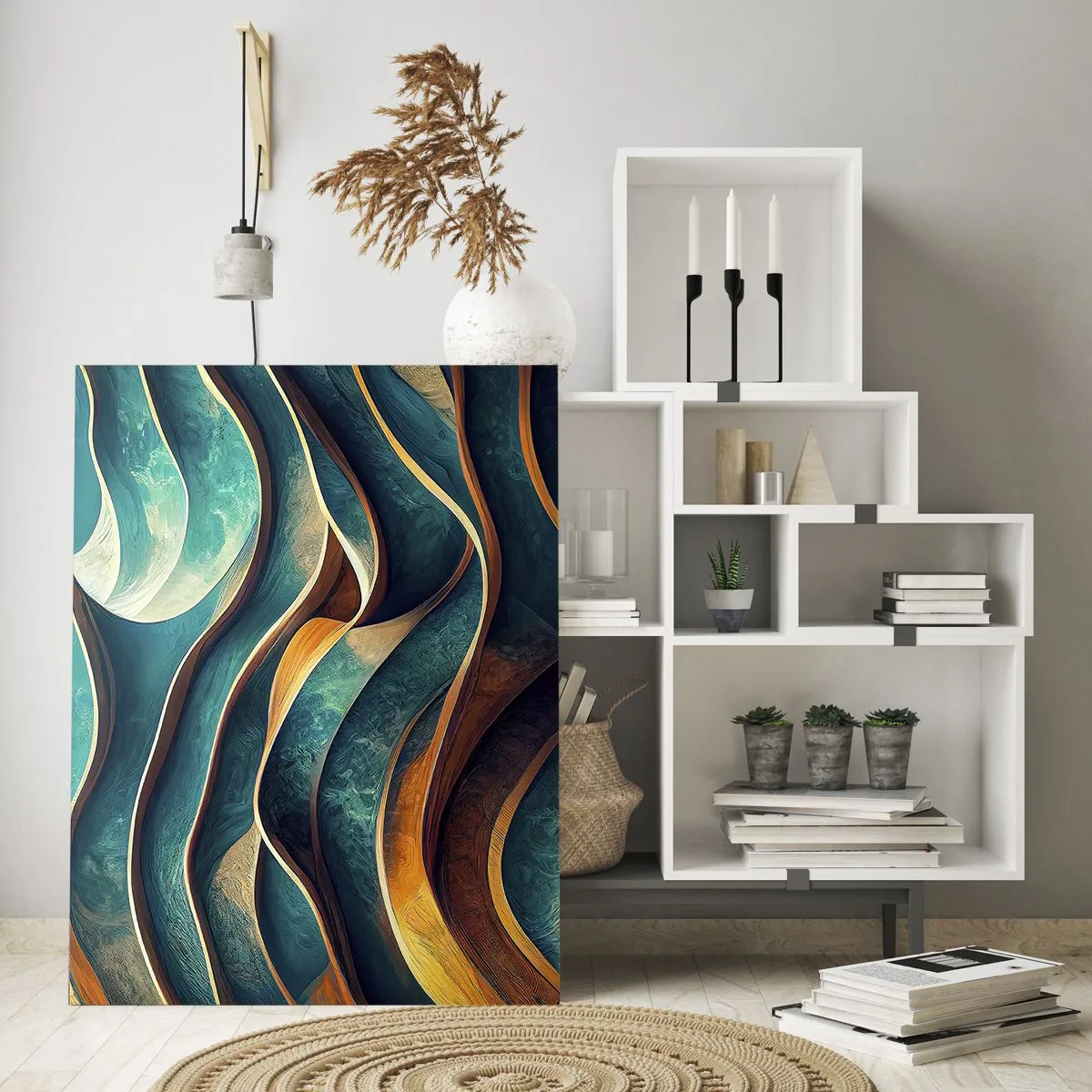 Impression sur verre - Image sur verre - Vagues abstraites dans des tons turquoise et or - 70x100cm - Méandres de bleu - Décoration murale moderne pour le salon et la chambre ARTTOR