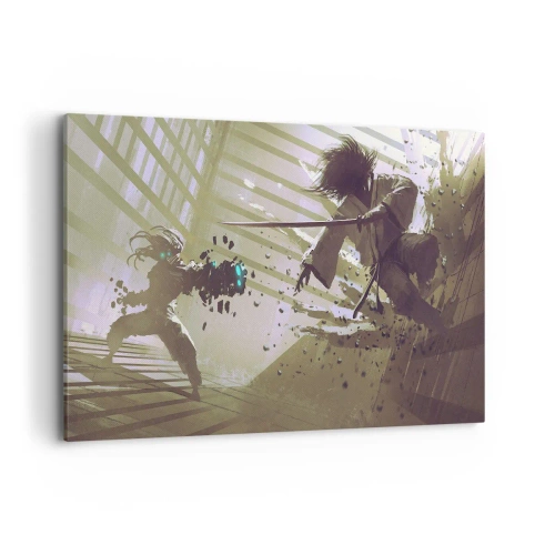 Impression sur toile - Image sur toile - Combat dynamique entre deux personnages dans un style futuriste - 100x70cm - Et tu peux être un samouraï - Décoration murale moderne pour le salon et la chambre ARTTOR