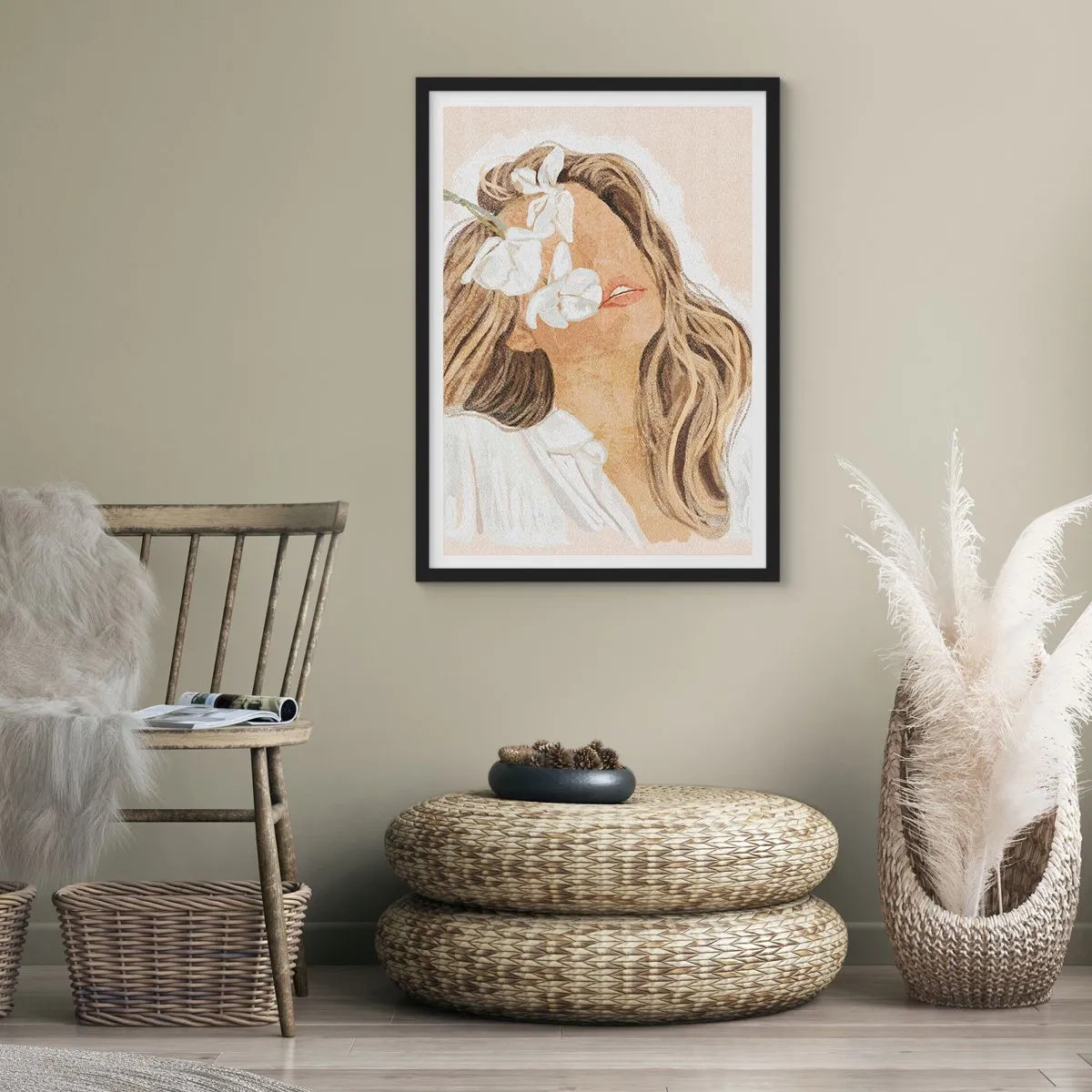 Affiche dans un cadre noir - Poster - Portrait d'une femme avec des fleurs couvrant son visage - 50x70cm - Ravie parmi les fleurs - Décoration murale moderne pour le salon et la chambre ARTTOR
