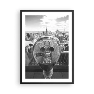Affiche dans un cadre noir - Poster - Une vue monochrome de la ville de New York avec des jumelles au premier plan. - 50x70cm - Ville sur les villes - Décoration murale moderne pour le salon et la chambre ARTTOR