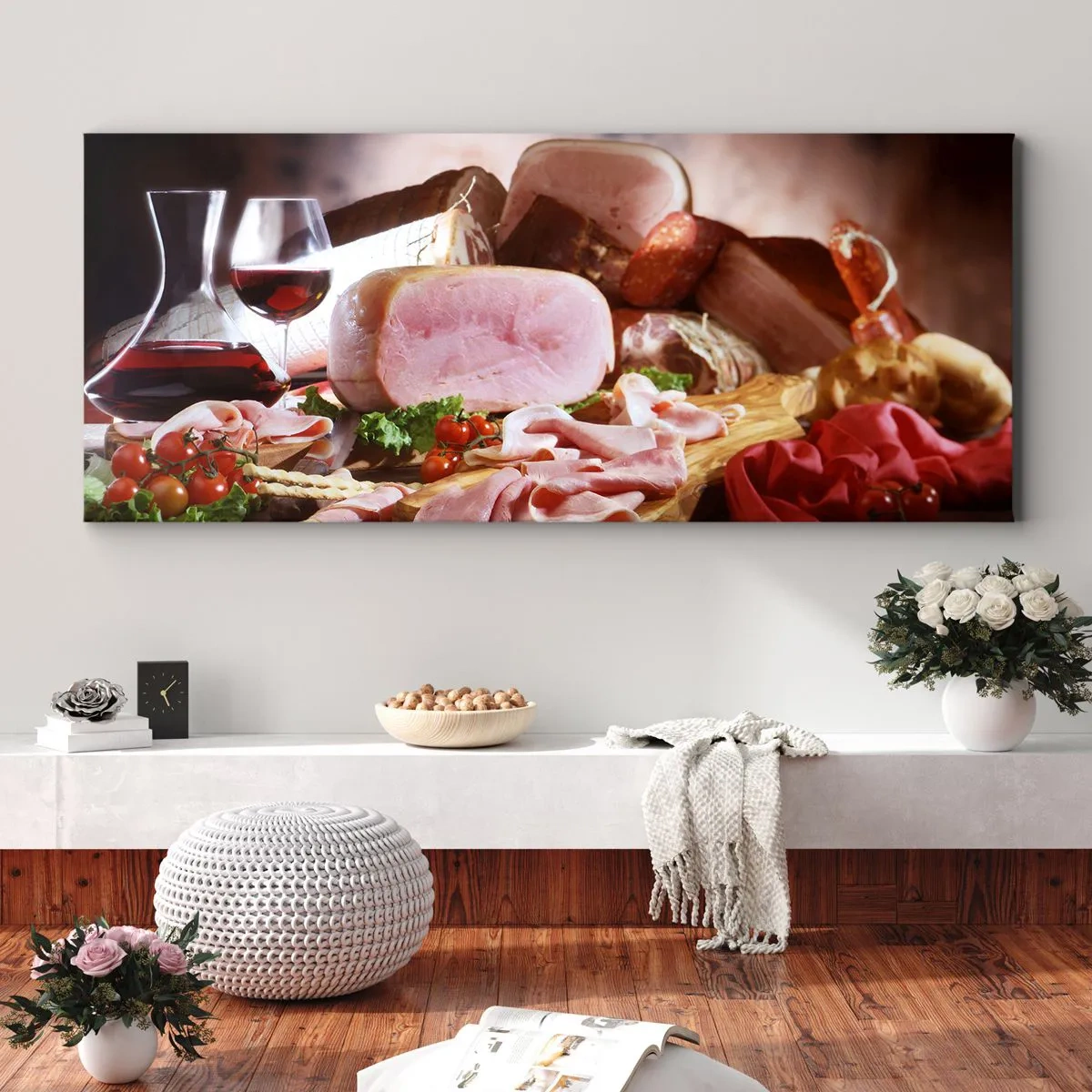 Impression sur toile - Image sur toile - Charcuterie au vin sur fond rustique - 140x50cm - Un rêve culinaire avec une carafe - Décoration murale moderne pour le salon et la chambre ARTTOR