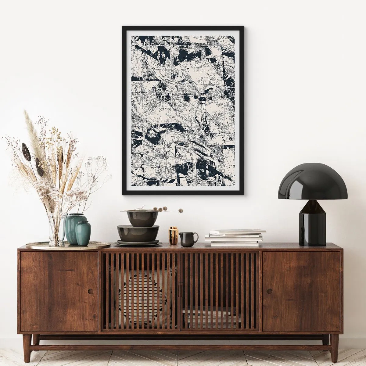 Affiche dans un cadre noir - Poster - Composition abstraite texturée en noir et blanc - 50x70cm - Interpénétration des contraires - Décoration murale moderne pour le salon et la chambre ARTTOR