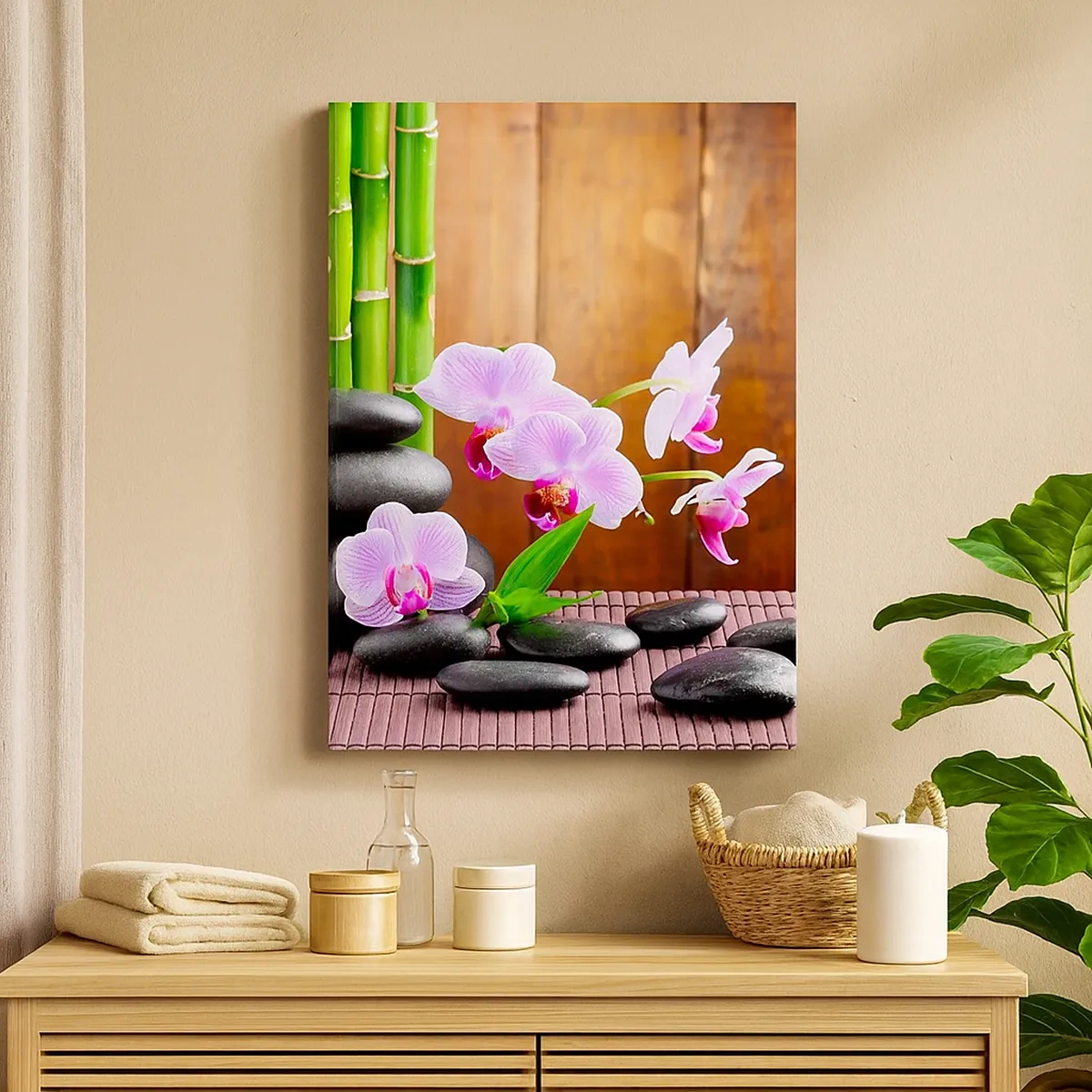 Impression sur toile - Image sur toile - Bambou de style zen, pierres et orchidées roses sur fond de bois - 50x70cm - Rencontrez les plaisirs de l'est - Décoration murale moderne pour le salon et la chambre ARTTOR