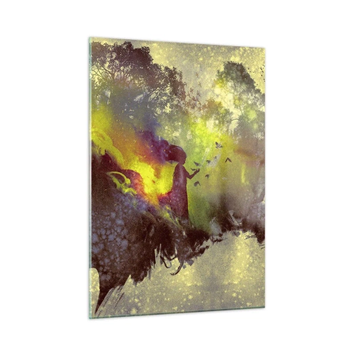 Impression sur verre - Image sur verre - Profil de visage de femme rempli de nature et d'effets colorés. - 50x70cm - Mère Nature - Décoration murale moderne pour le salon et la chambre ARTTOR