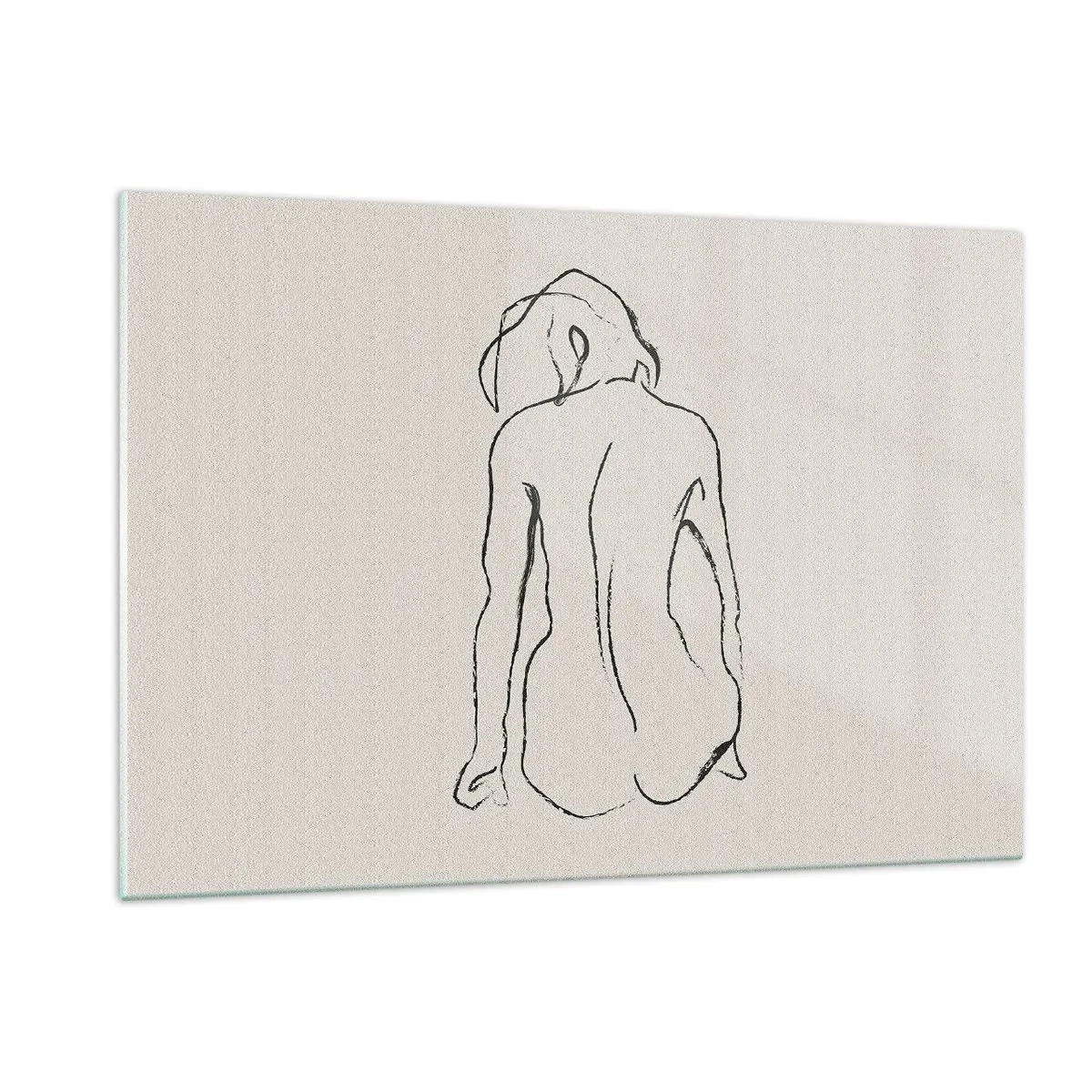 Impression sur verre - Image sur verre - Un croquis délicat d'une femme assise, dessiné en noir sur un fond clair. - 120x80cm - Femme nue - Décoration murale moderne pour le salon et la chambre ARTTOR