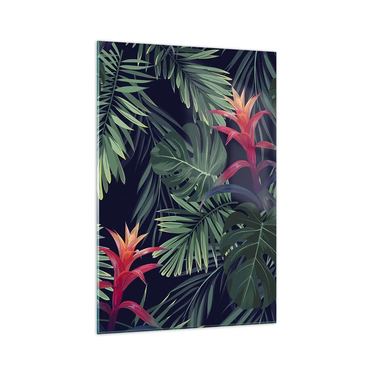 Impression sur verre - Image sur verre - Feuilles et fleurs tropicales sur fond sombre - 70x100cm - immergé dans la nature - Décoration murale moderne pour le salon et la chambre ARTTOR