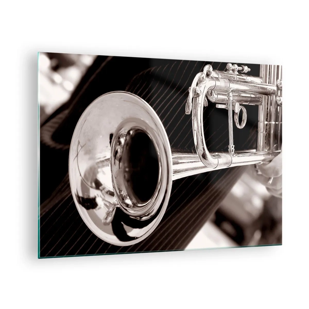 Impression sur verre - Image sur verre - Trompette argentée sur fond rayé sépia - 70x50cm - Voyage musical vers les années 30 - Décoration murale moderne pour le salon et la chambre ARTTOR