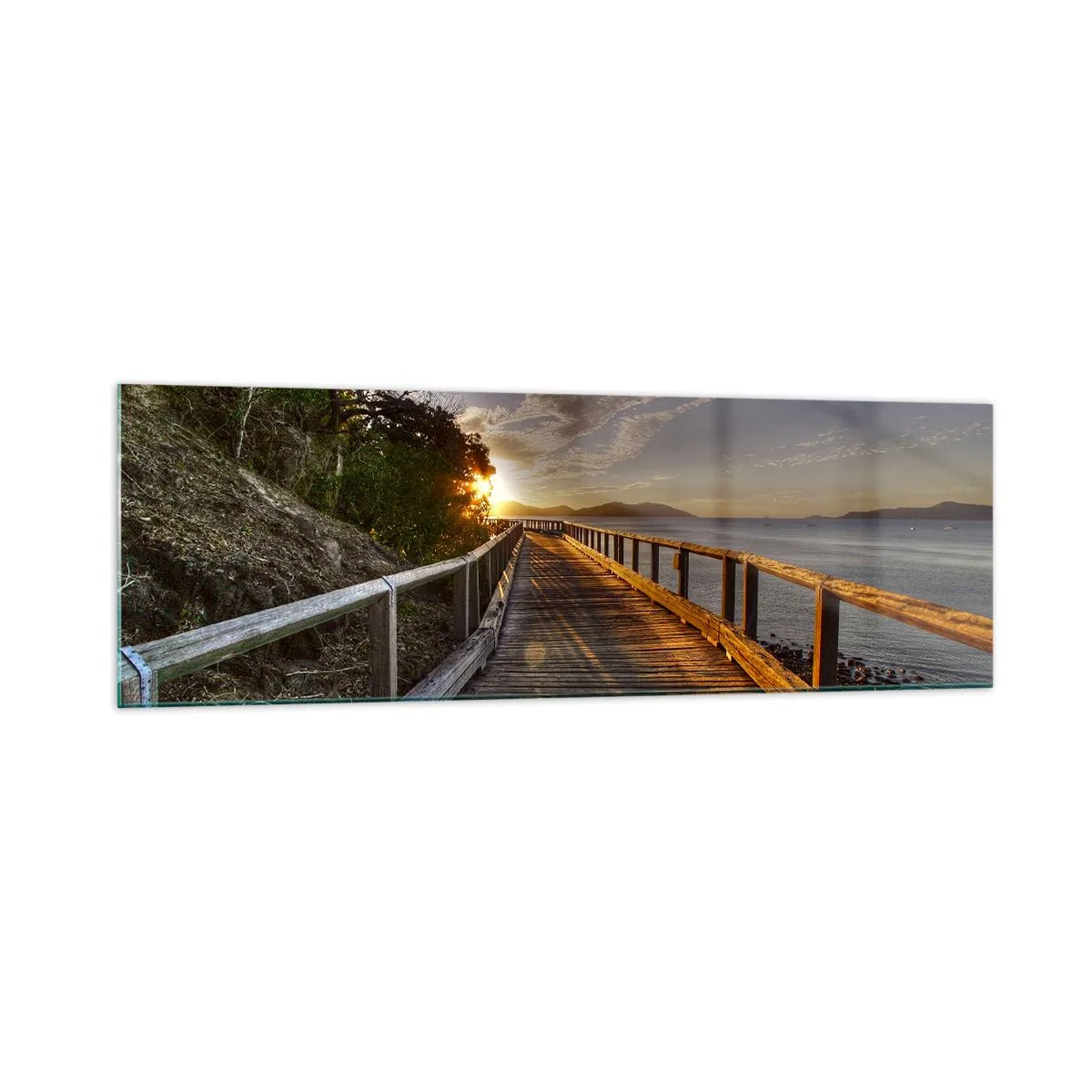Impression sur verre - Image sur verre - Une jetée en bois mène vers le coucher de soleil sur l'eau - 160x50cm - Aller, aller tout le temps en direction du soleil - Décoration murale moderne pour le salon et la chambre ARTTOR