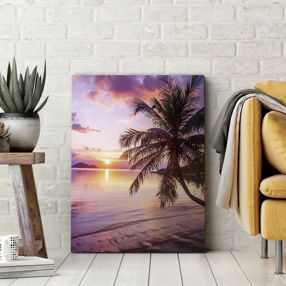 Impression sur toile - Image sur toile - Plage tropicale avec palmier au coucher du soleil - 70x100cm - Le bonheur à l'horizon - Décoration murale moderne pour le salon et la chambre ARTTOR