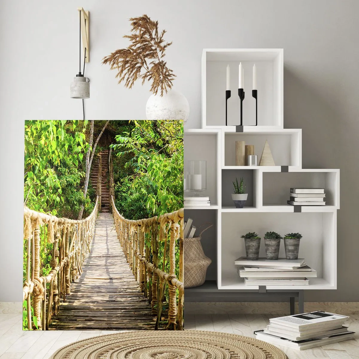 Impression sur verre - Image sur verre - Un pont suspendu dans une forêt tropicale pleine de verdure - 80x120cm - Suspendu dans la nature - Décoration murale moderne pour le salon et la chambre ARTTOR