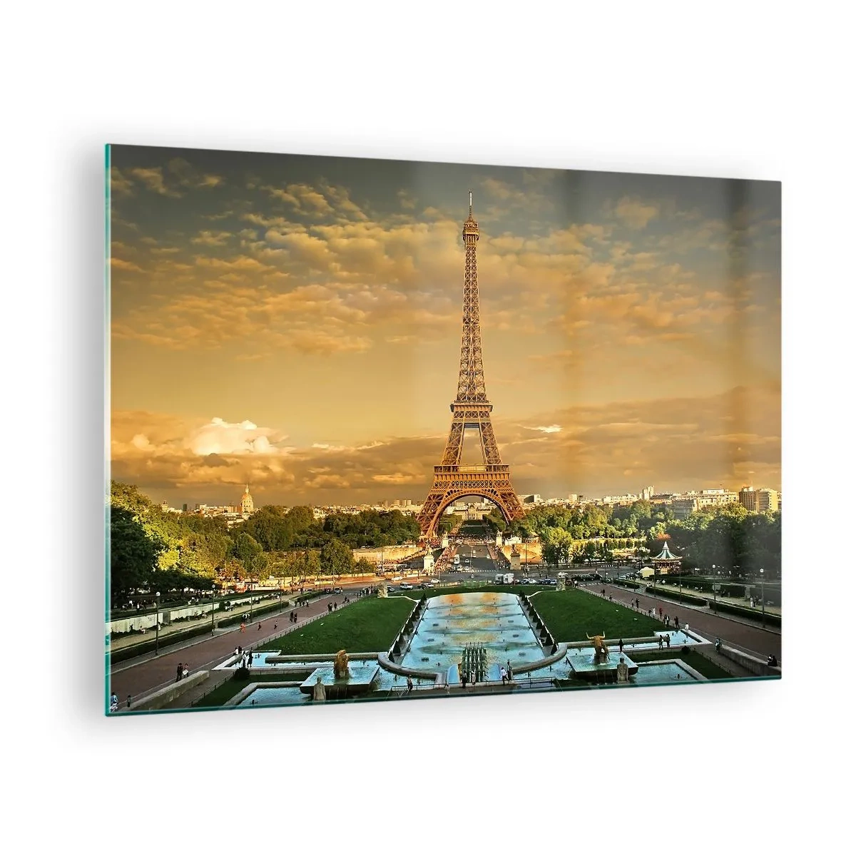Impression sur verre - Image sur verre - La Tour Eiffel entourée de jardins parisiens au coucher du soleil - 70x50cm - La reine de Paris - Décoration murale moderne pour le salon et la chambre ARTTOR