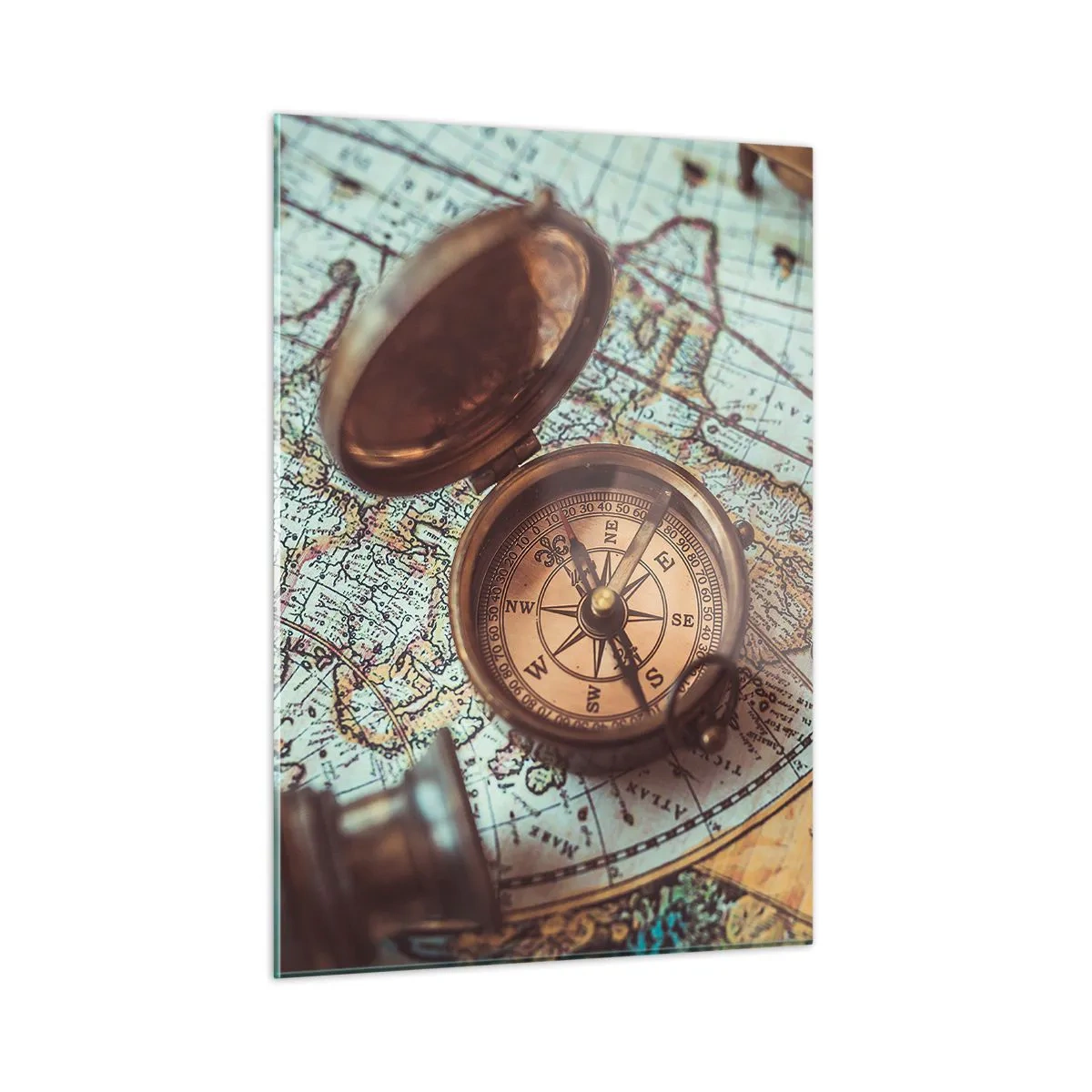 Impression sur verre - Image sur verre - Une boussole antique sur fond de carte et de clés antiques. - 50x70cm - Pour ceux qui recherche l'aventure - Décoration murale moderne pour le salon et la chambre ARTTOR