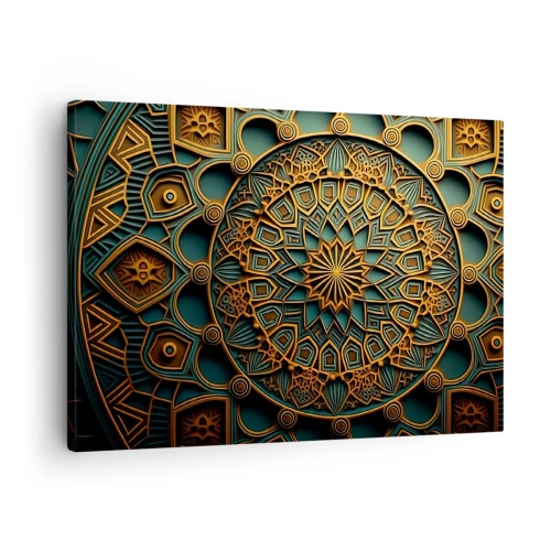 Impression sur toile - Image sur toile - Un mandala doré sur fond turquoise avec des détails riches. - 70x50cm - Dans une ambiance arabe - Décoration murale moderne pour le salon et la chambre ARTTOR