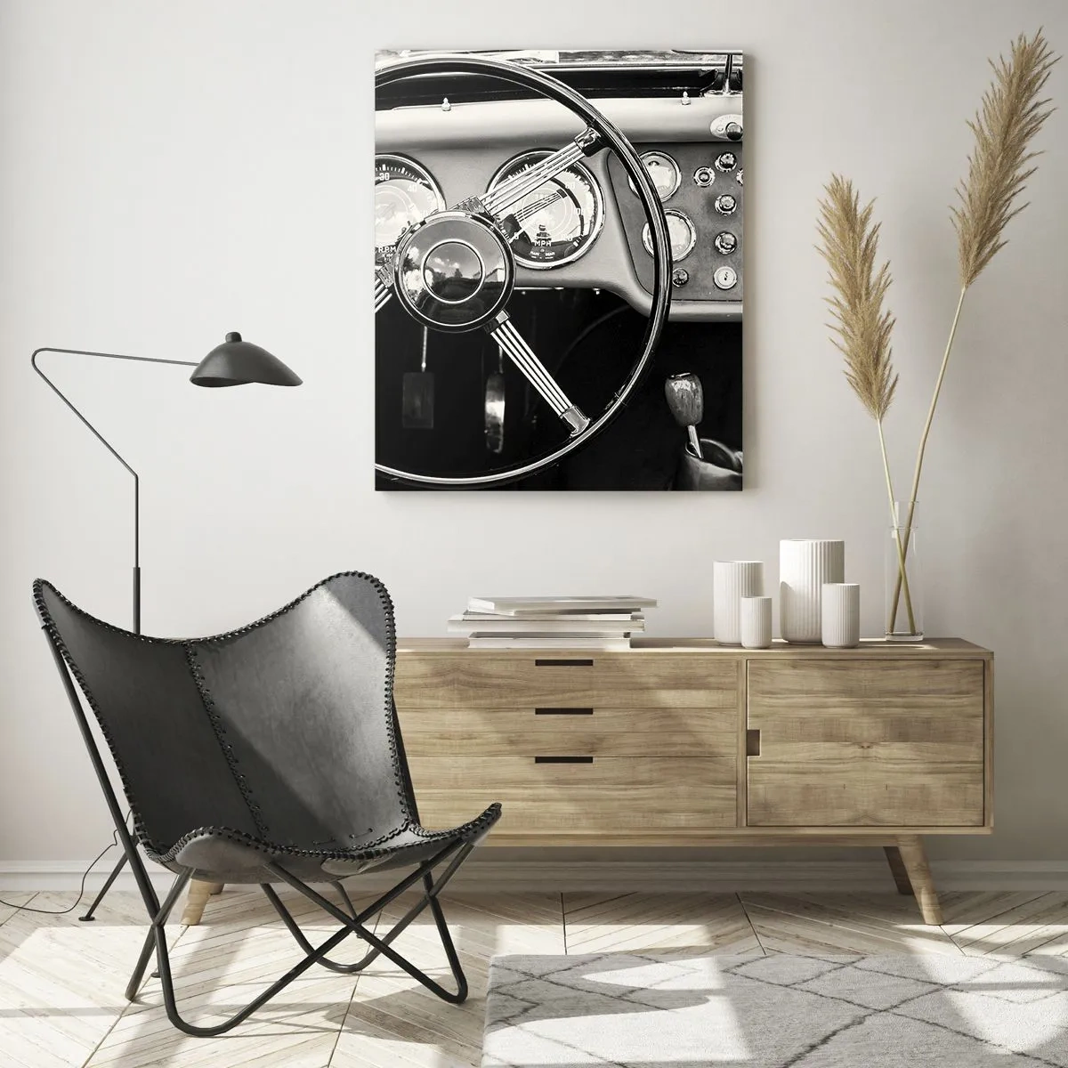 Impression sur verre - Image sur verre - Le volant et les horloges d'une voiture classique en sépia - 50x70cm - Rêve de collectionneur - Décoration murale moderne pour le salon et la chambre ARTTOR