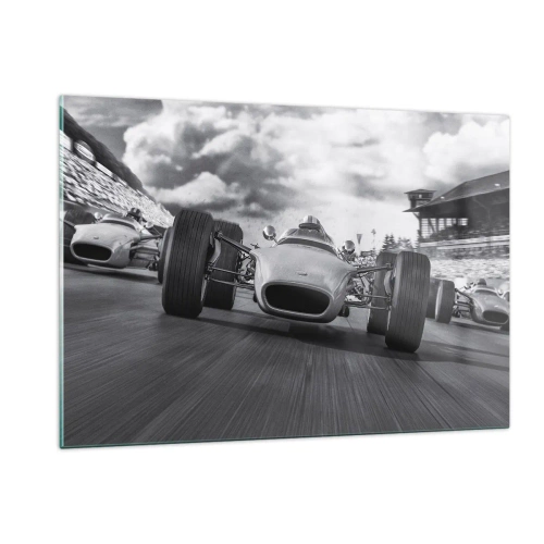 Impression sur verre - Image sur verre - Course de voitures classiques sur une piste en noir et blanc - 120x80cm - Puissance! - Décoration murale moderne pour le salon et la chambre ARTTOR