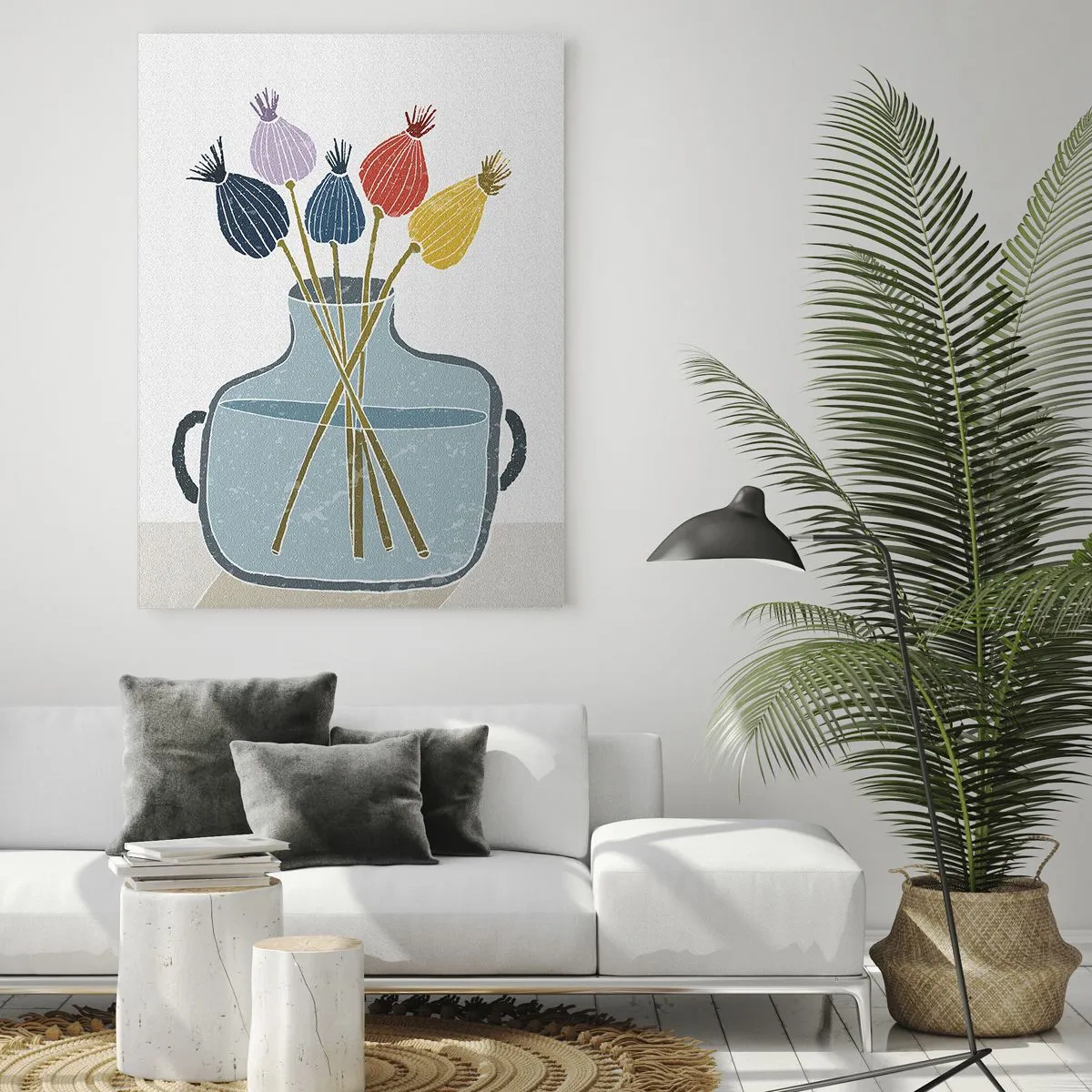 Impression sur verre - Image sur verre - Têtes de coquelicots décoratives dans une cruche de style graphique - 50x70cm - Comme s'il avait semé des graines de pavot - Décoration murale moderne pour le salon et la chambre ARTTOR