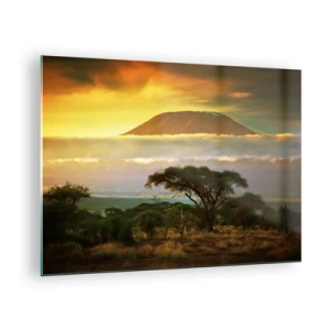 Impression sur verre - Image sur verre - Le mont Kilimandjaro entouré de nuages sur fond de savane africaine - 70x50cm - Un rêve de voyageur - Décoration murale moderne pour le salon et la chambre ARTTOR