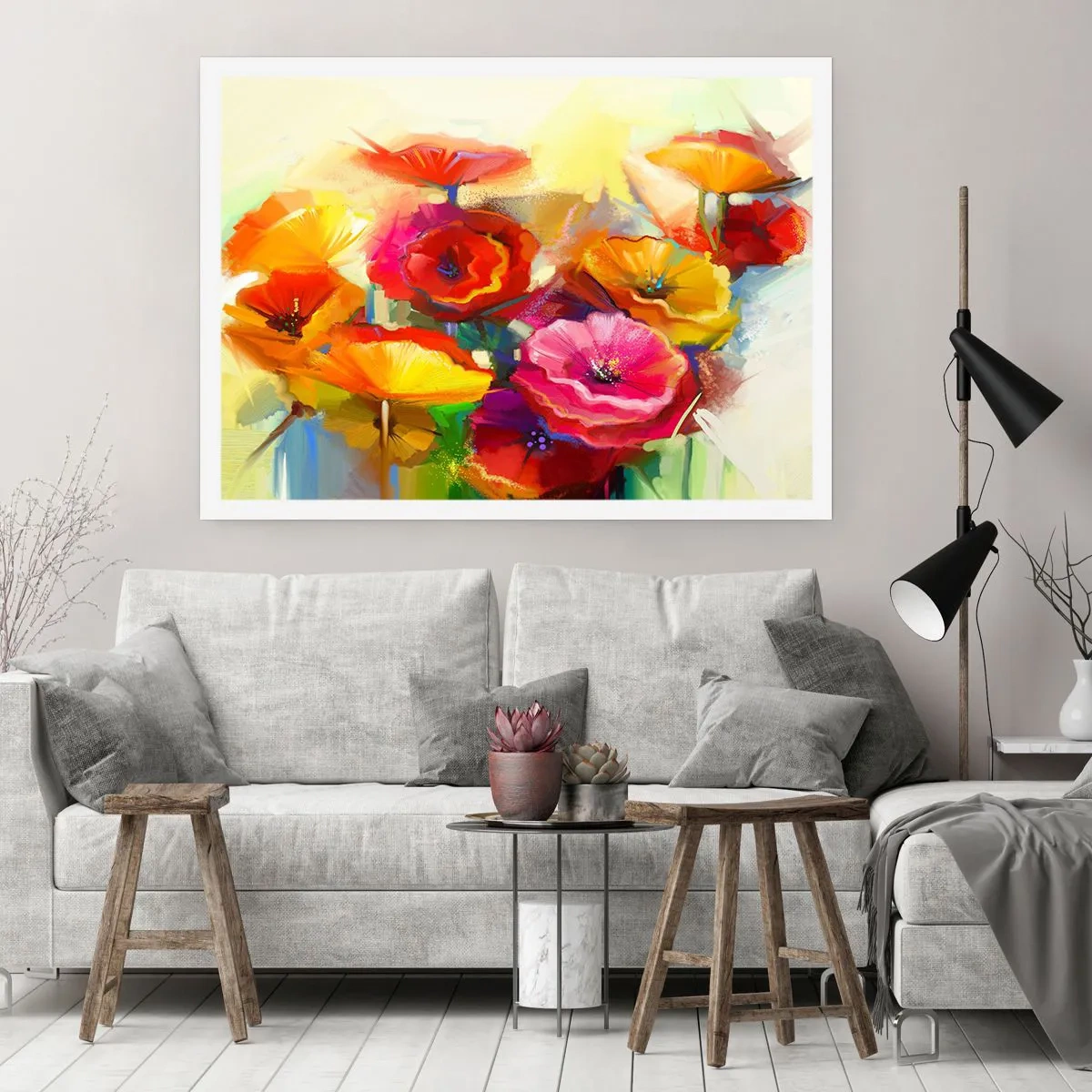 Affiche - Poster - Fleurs abstraites colorées sur fond clair - 100x70cm - Pas seulement rouge - Décoration murale moderne pour le salon et la chambre ARTTOR