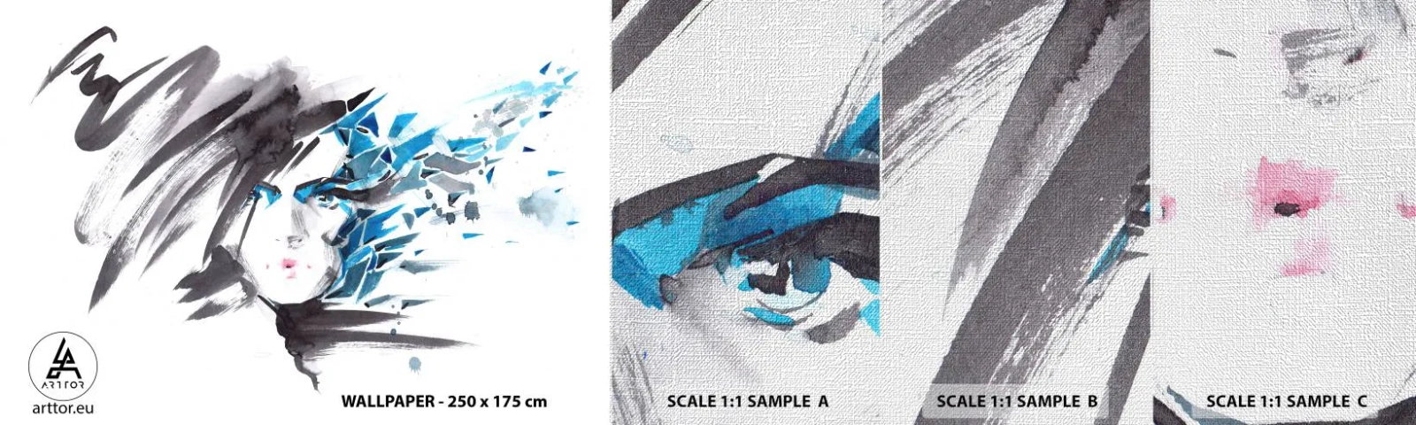 Échantillon de Papier Peint Premium Canvas - Portrait sensuel en gris et bleu - Femme, Visage de femme, Abstraction - 100x30 cm
