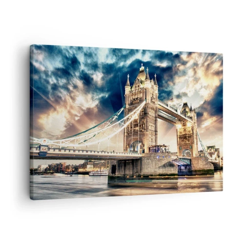 Impression sur toile - Image sur toile - Tower Bridge au crépuscule contre un ciel dynamique - 70x50cm - Monument de l'empire victorien - Décoration murale moderne pour le salon et la chambre ARTTOR