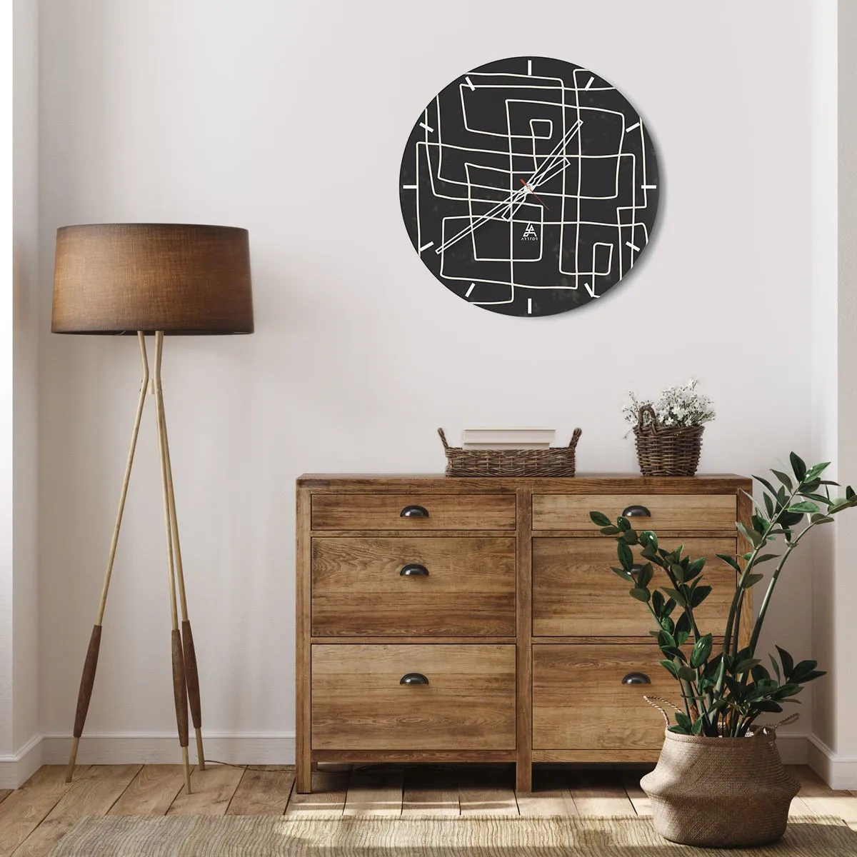 Horloge murale - Pendule murale - Lignes géométriques blanches formant une grille complexe sur un fond noir. - 30x30cm - Pas aussi simple - Décoration murale moderne pour le salon, la cuisine et la chambre ARTTOR