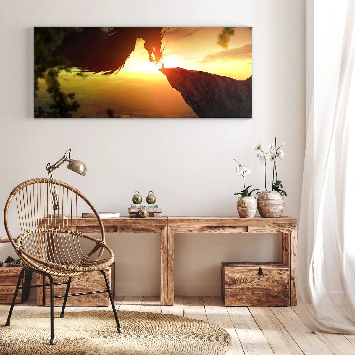 Impression sur toile - Image sur toile - Un dragon et un homme sur un rocher dans la lueur du soleil couchant - 120x50cm - Chasseur de dragon - Décoration murale moderne pour le salon et la chambre ARTTOR