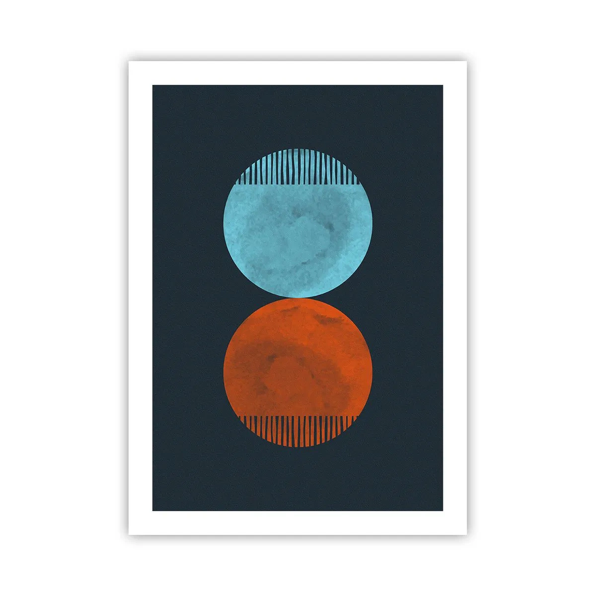 Affiche - Poster - Deux cercles – bleu et orange sur fond bleu marine - 50x70cm - Seulement la géométrie ? - Décoration murale moderne pour le salon et la chambre ARTTOR