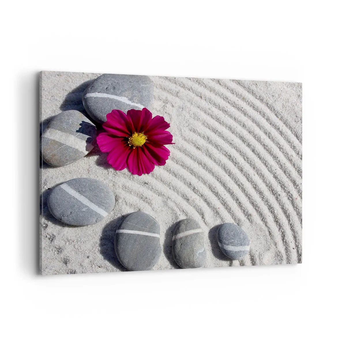 Impression sur toile - Image sur toile - Des pierres et une fleur rose sur le sable dans un style zen - 100x70cm - Énergie et paix du cercle magique de la nature - Décoration murale moderne pour le salon et la chambre ARTTOR