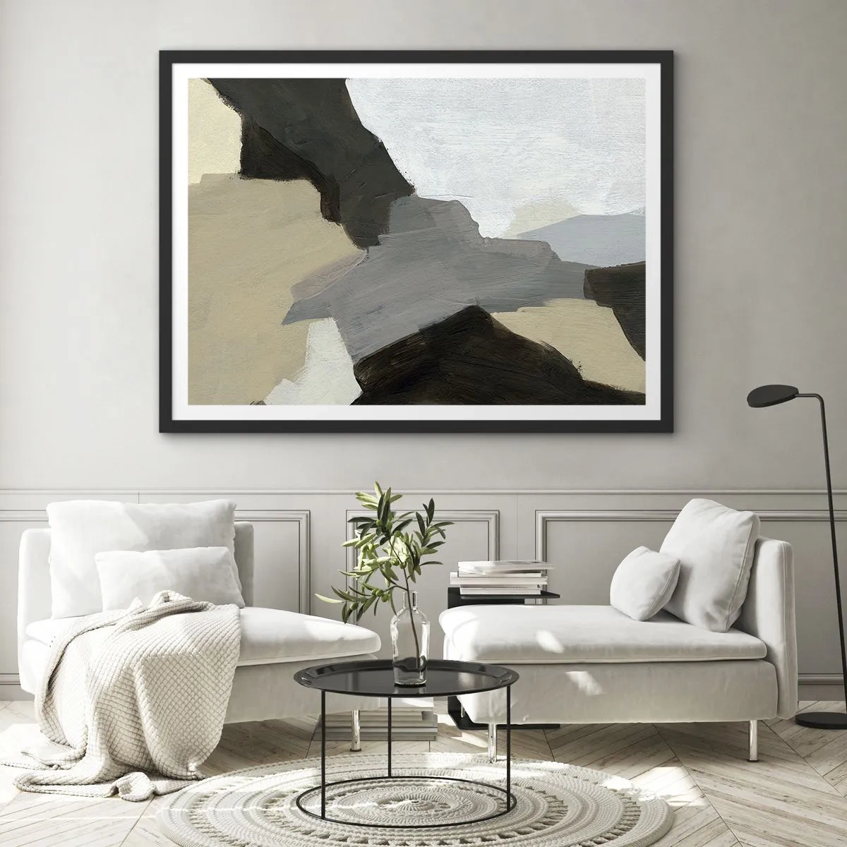Affiche dans un cadre noir - Poster - Formes abstraites dans les tons beige, marron et gris - 70x50cm - Abstraction : le carrefour du gris - Décoration murale moderne pour le salon et la chambre ARTTOR