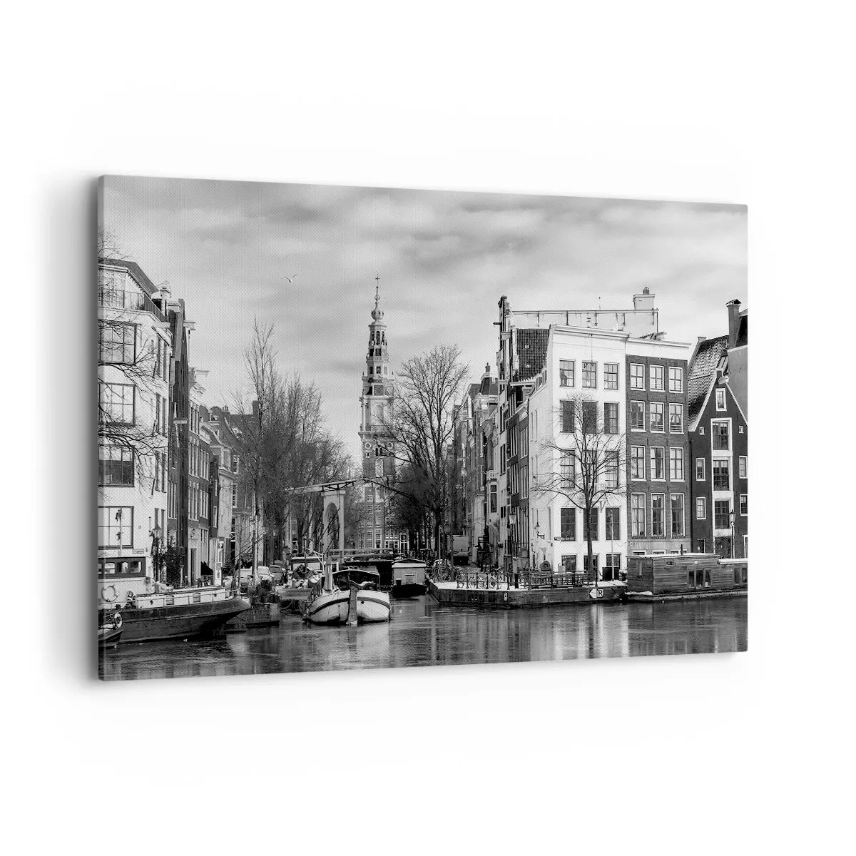 Impression sur toile - Image sur toile - Panorama noir et blanc d'Amsterdam avec canal et bâtiments historiques - 120x80cm - Climat d'Amsterdam - Décoration murale moderne pour le salon et la chambre ARTTOR