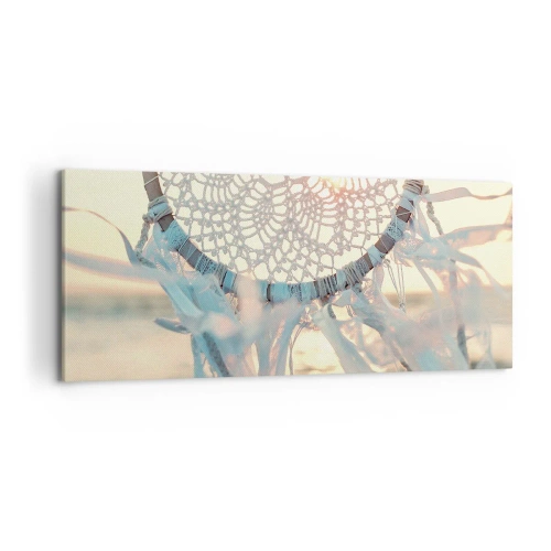 Impression sur toile - Image sur toile - Un attrape-rêves délicat sur fond de soleil couchant - 120x50cm - Totem en dentelle - Décoration murale moderne pour le salon et la chambre ARTTOR