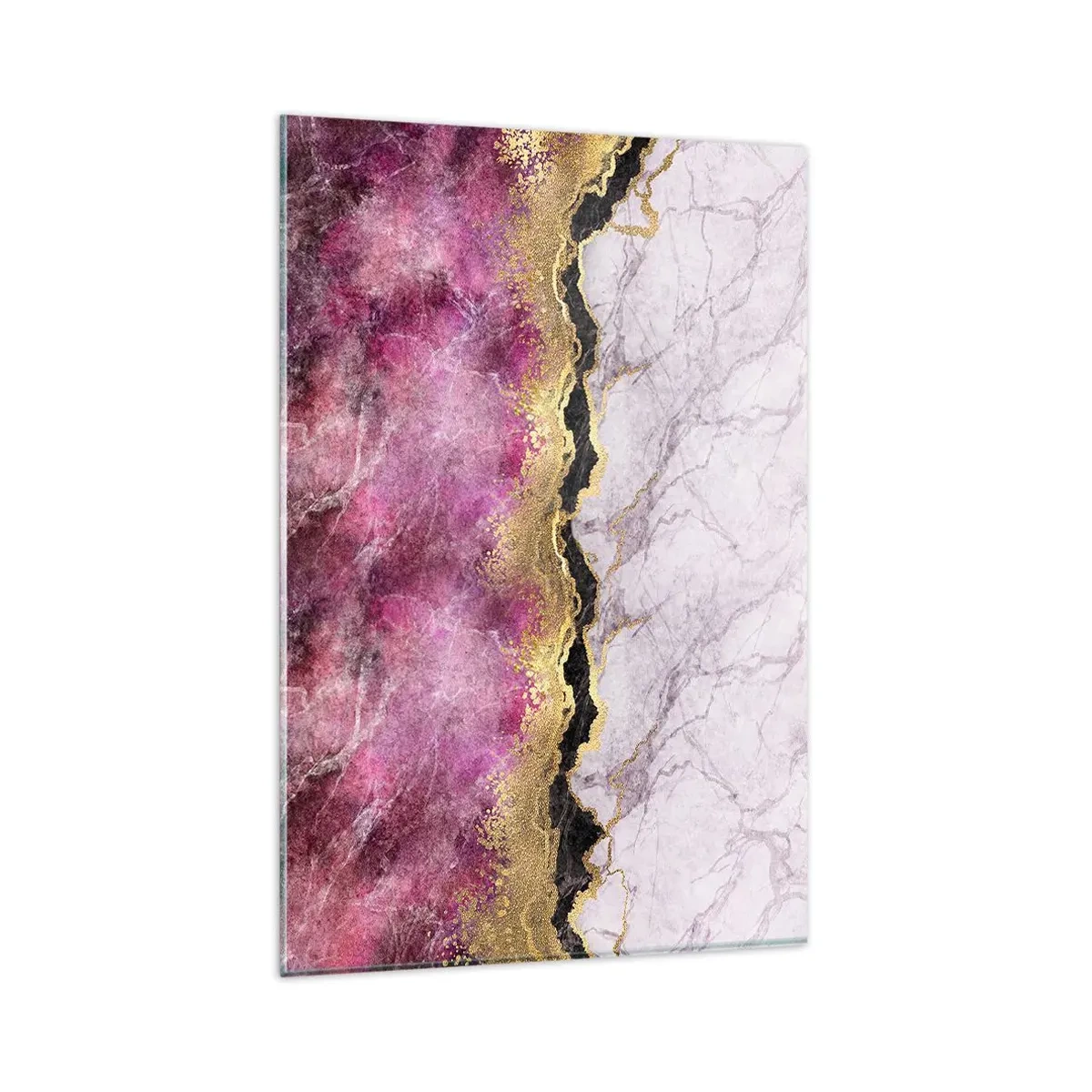 Impression sur verre - Image sur verre - Marbre abstrait dans des tons de rose avec des accents dorés - 80x120cm - À la frontière - Décoration murale moderne pour le salon et la chambre ARTTOR