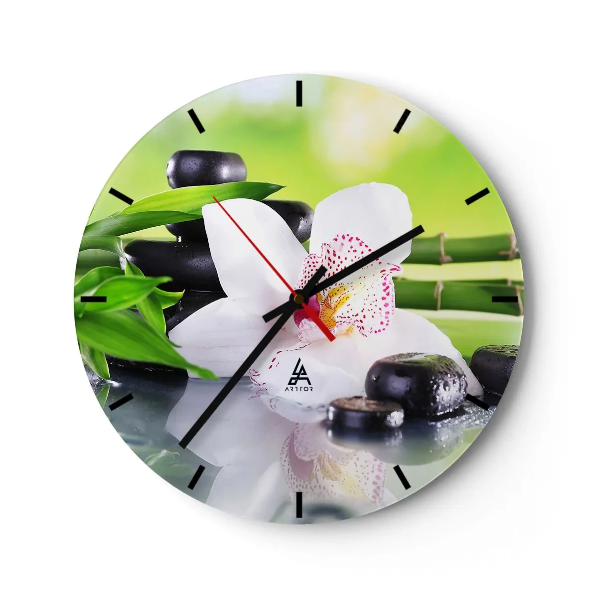 Horloge murale - Pendule murale - Orchidée blanche avec pierres et bambou sur fond naturel - 30x30cm - Raffraîchissement de fraîcheur - Décoration murale moderne pour le salon, la cuisine et la chambre ARTTOR