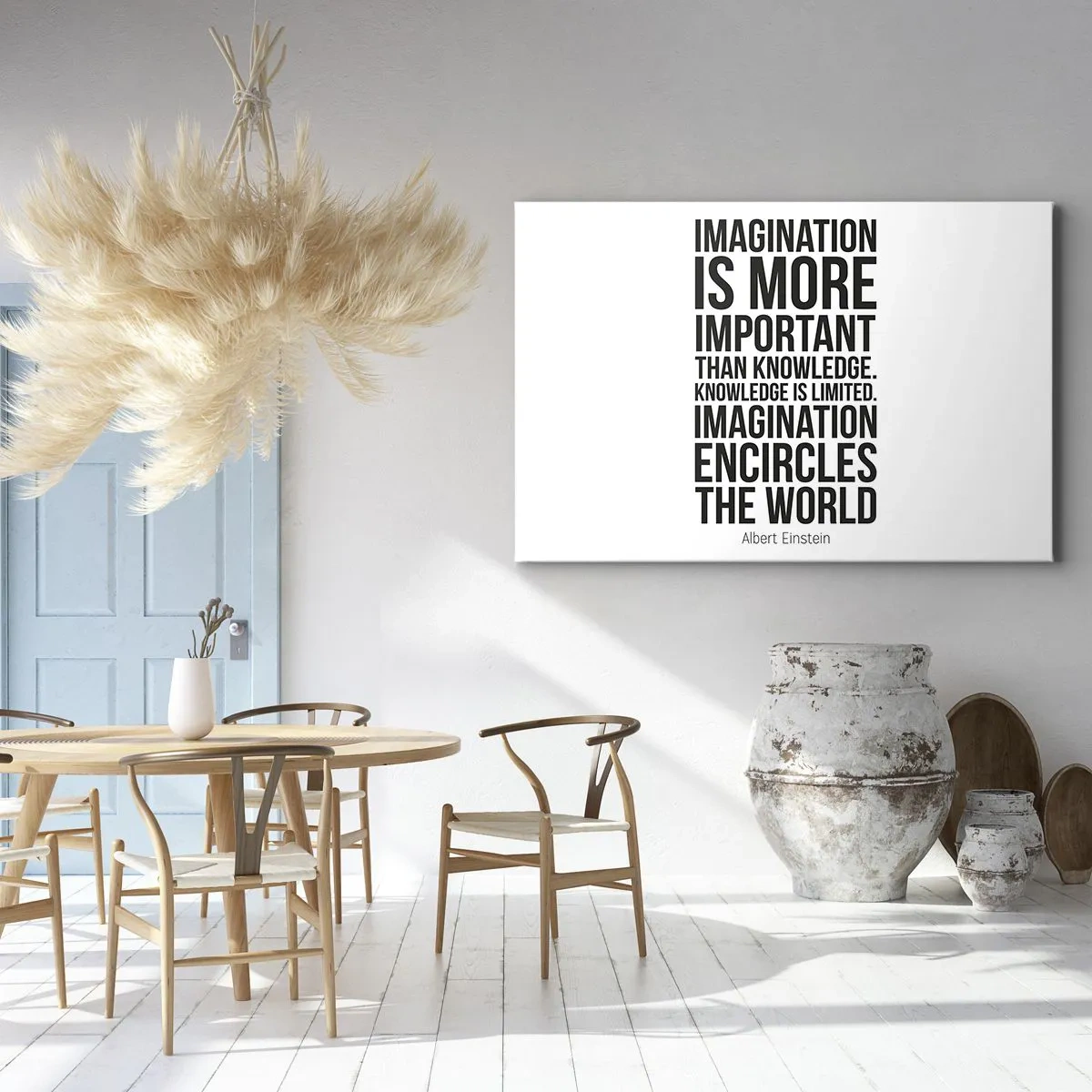 Impression sur toile - Image sur toile - Citation inspirante sur fond blanc en police noire - 70x50cm - Einstein sur le pouvoir de l'imagination - Décoration murale moderne pour le salon et la chambre ARTTOR