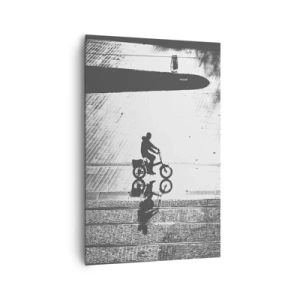 Impression sur toile - Image sur toile - Silhouette noire et blanche d'un cycliste sur une rue mouillée - 80x120cm - Devant moi, à travers la ville - Décoration murale moderne pour le salon et la chambre ARTTOR