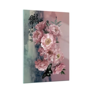Impression sur verre - Image sur verre - Pivoines roses avec un papillon contre le ciel - 50x70cm - Pic du romantisme - Décoration murale moderne pour le salon et la chambre ARTTOR