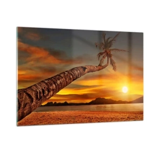 Impression sur verre - Image sur verre - Palmier sur une plage tropicale au coucher du soleil - 120x80cm - Vacances exotiques, aventure caribéenne - Décoration murale moderne pour le salon et la chambre ARTTOR