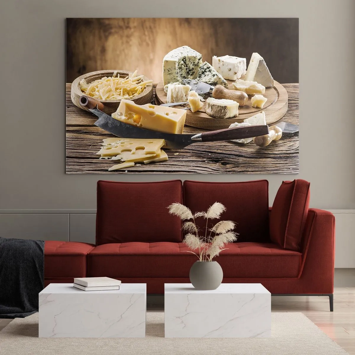 Impression sur verre - Image sur verre - Plateau de fromages avec couteau sur table rustique - 100x70cm - Sourire au fromage - Décoration murale moderne pour le salon et la chambre ARTTOR