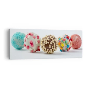 Impression sur toile - Image sur toile - Pralines colorées avec décorations sur fond blanc - 140x50cm - La vie peut être douce - Décoration murale moderne pour le salon et la chambre ARTTOR