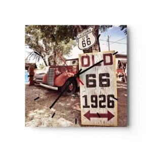 Horloge murale - Pendule murale - Voiture rétro et panneau Route 66 dans un cadre rustique - 30x30cm - La légende de la province américaine - Décoration murale moderne pour le salon et la chambre ARTTOR